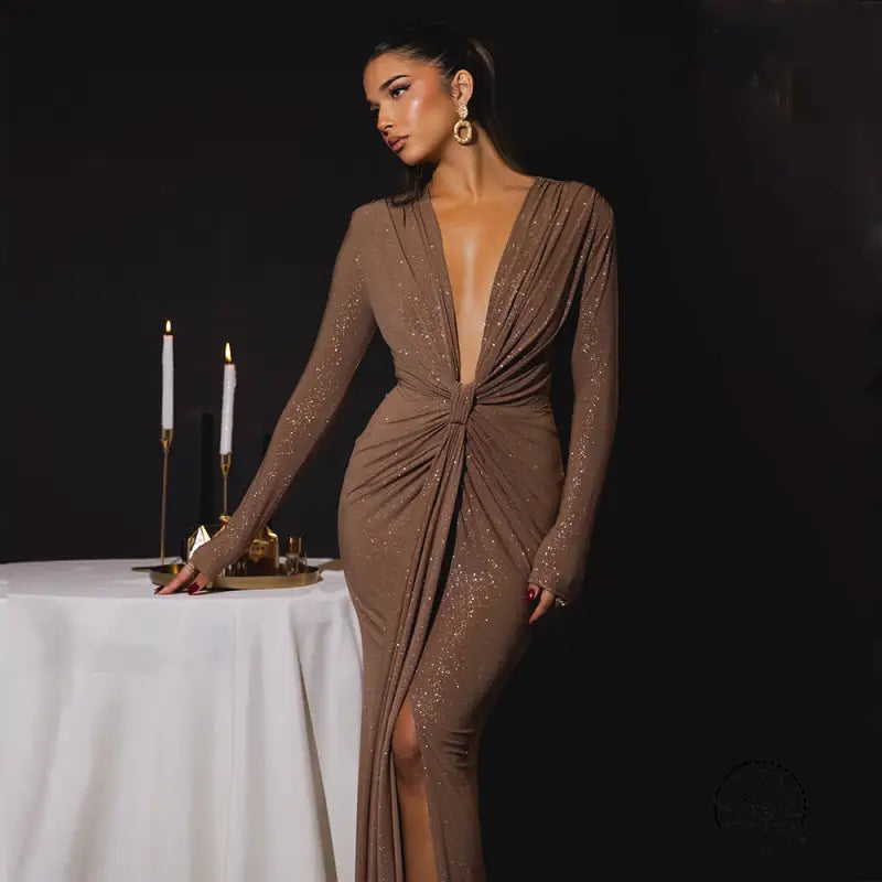 Elegant brown slit slim fitting dress with plunging neckline