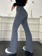 Gray ribbed flare pants with stretchy knit texture for stylish casual fashion ملابس