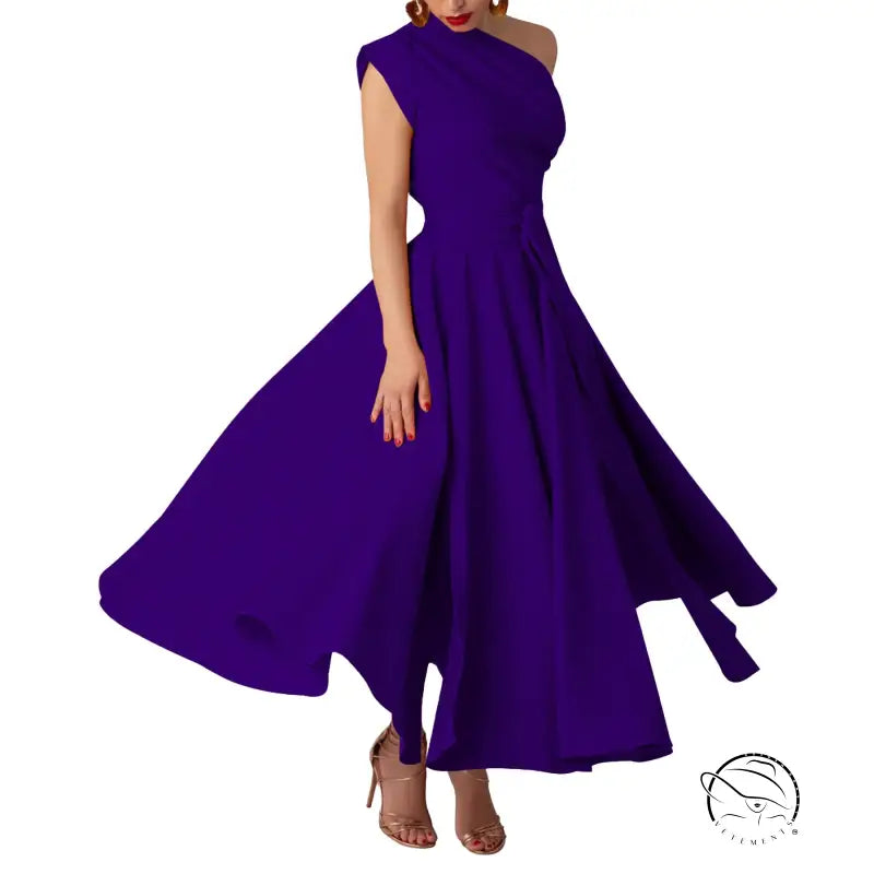 Royal blue satin maxi dress with high neckline and asymmetrical hemline