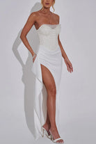 Elegant white strapless split dress with thigh-high slit for casual party fashion