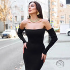 Elegant black off-the-shoulder langry fashion knitted dress