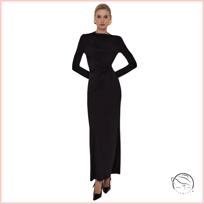 Sleek black long-sleeved maxi dress with draped waist and high slit