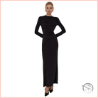 Sleek black long-sleeved maxi dress with draped waist and high slit