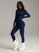 Navy blue long-sleeved langry fashion bodysuit with white fluffy boots