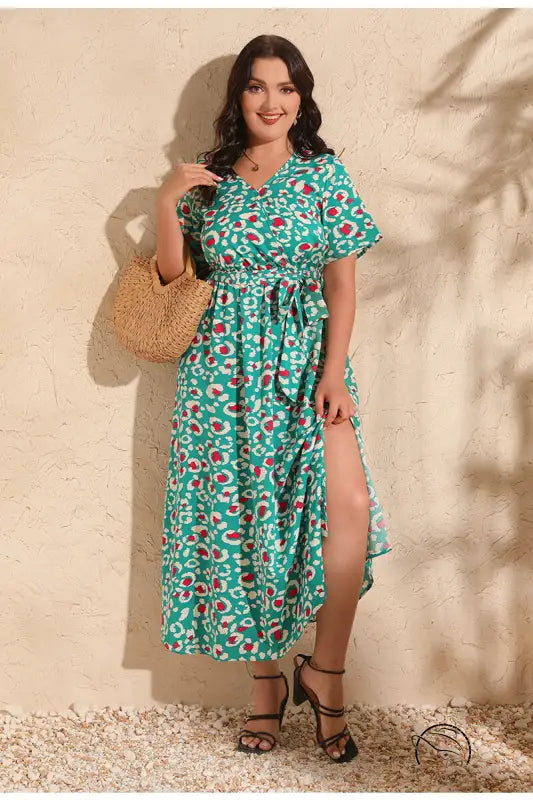 Green floral print colorful rose holiday midi dress