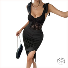Elegant black lace langry fashion sheath dress with ruched skirt