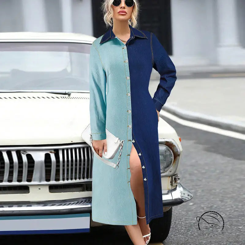 Woman modeling beautiful denim stitching dress in two-tone blue with high slit