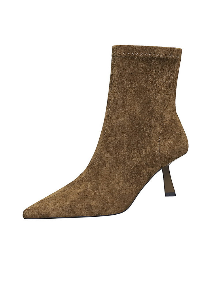 Langry fashion brown suede ankle boot with pointed toe and low heel