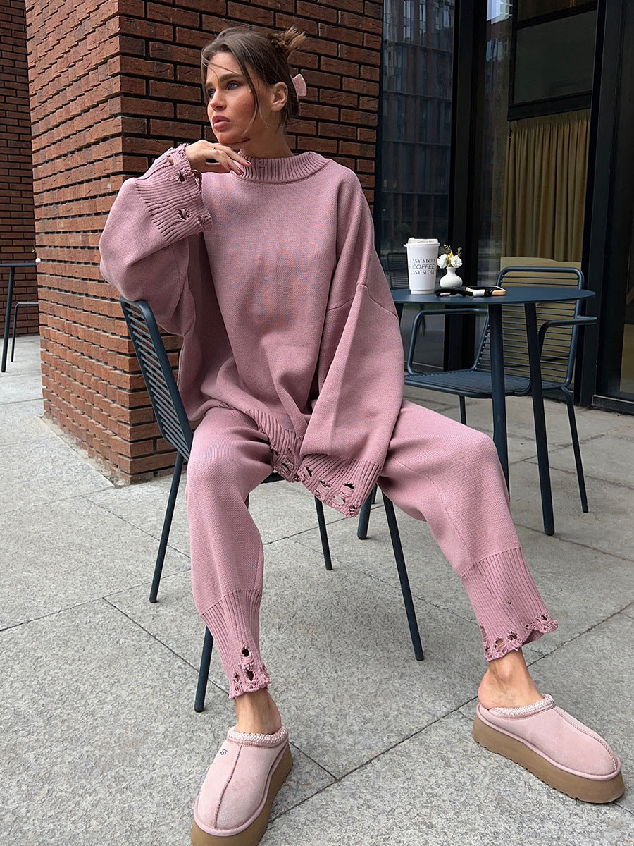 Winter Knitted Ankle Tight Pants Turtleneck Sweater Set