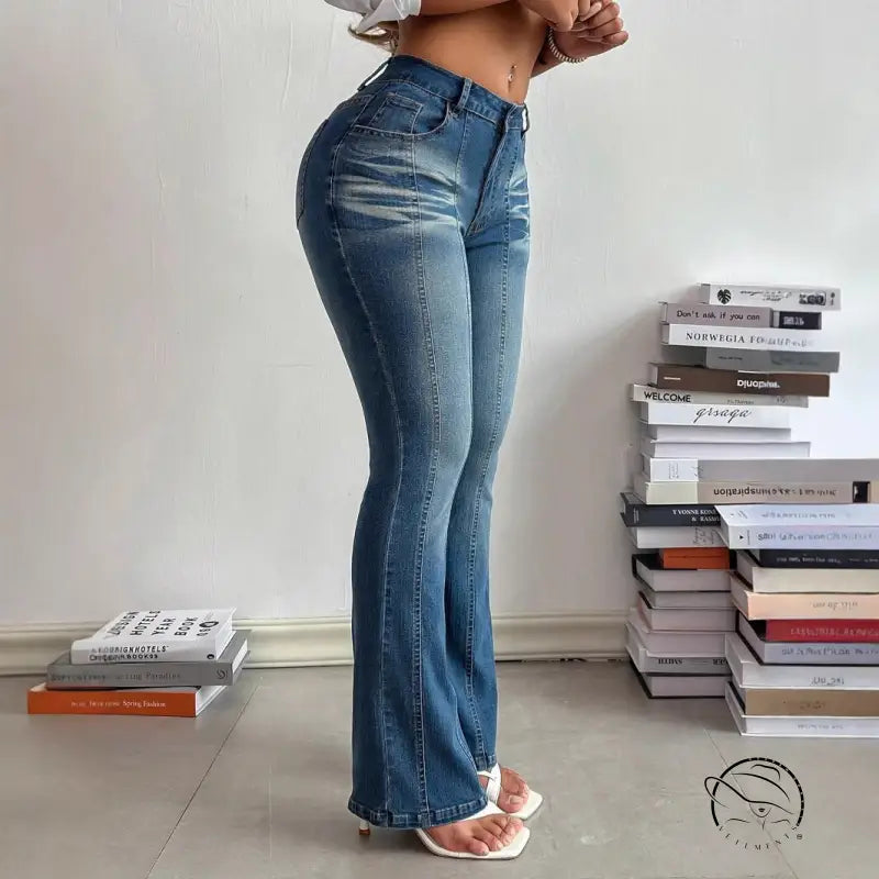 Light blue high-waisted flared casual slimming denim trousers with distressed wash