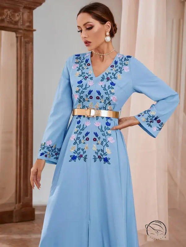 Middle East embroidered slim langry fashion dress in light blue with floral patterns and belt