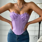 Low cut satin butterfly tube top in lilac with purple appliques