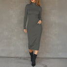 Sleek dark gray long-sleeved turtleneck hip dress in langry fashion ملابس