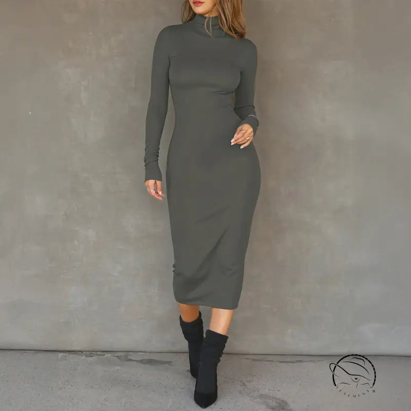 Sleek dark gray long-sleeved turtleneck hip dress in langry fashion ملابس