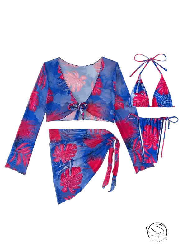 Four piece lace up swimsuit in blue and red tropical leaf print