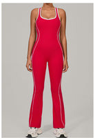 Langry Beauty Back Yoga Jumpsuit: Red and white fitness fashion with piping