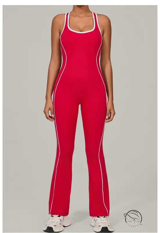 Red and white Beauty Back Yoga Jumpsuit with contrast piping for fitness