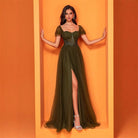 Elegant Cocktail Evening Dress in olive green, perfect for refined fashion occasions