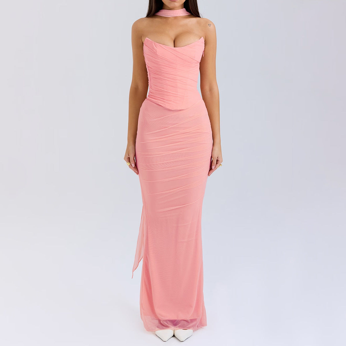 Pink strapless ruched gown from High Grade Skinny Sheath Skirt Set, a stylish langry fashion choice