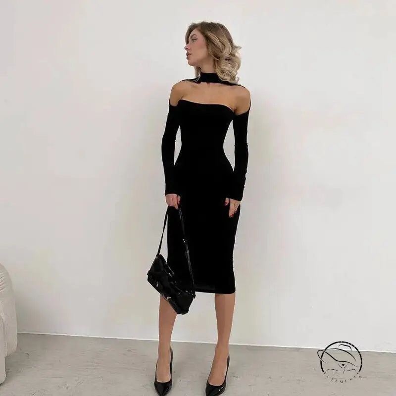 Elegant black off-the-shoulder midi sheath dress in langry fashion ملابس