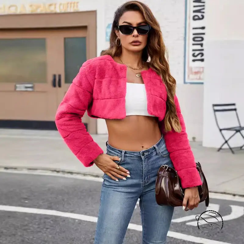 Langry fuchsia faux fur cropped jacket, ultra short fashion coat