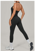 Langry black halter yoga jumpsuit in seamless athletic fashion bodysuit