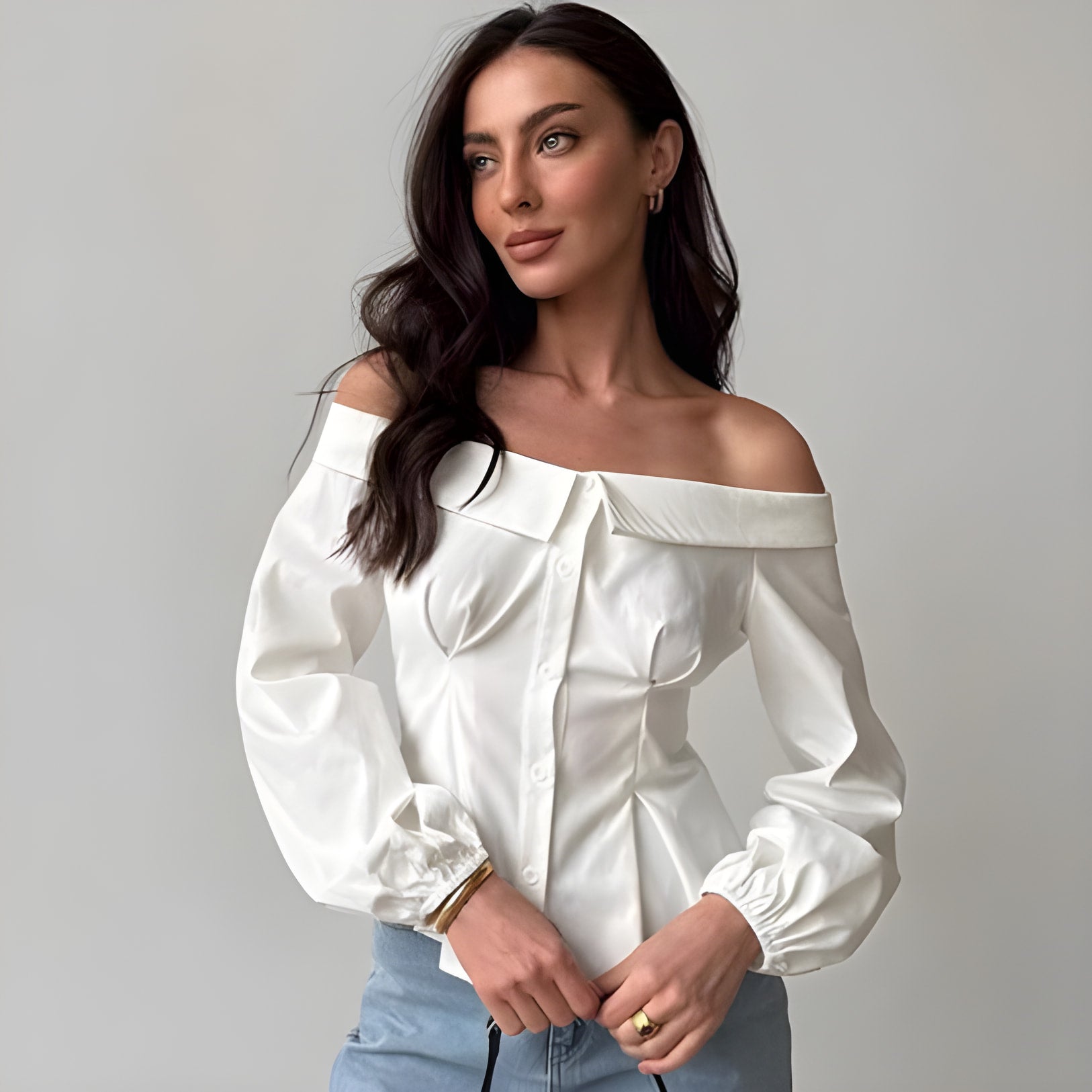 Off-shoulder white blouse with puffy sleeves, part of Elegant French fashion collection