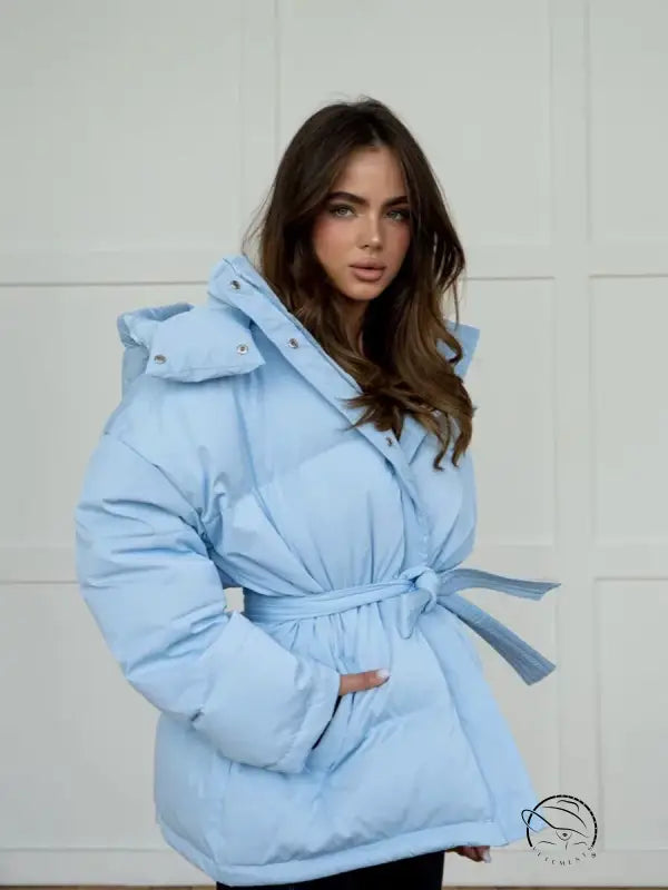 Langry hooded thickened thermal zipper puffer coat in light blue with hood and tie belt
