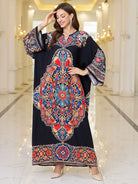 Elegant black floral kaftan dress with bell sleeve length and embroidery