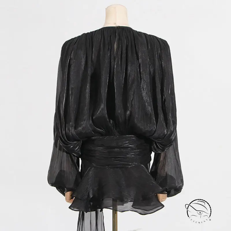 Black shimmering short mesh dress with balloon sleeves