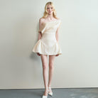 Langry fashion cream off-shoulder satin mini dress with ruffled hem