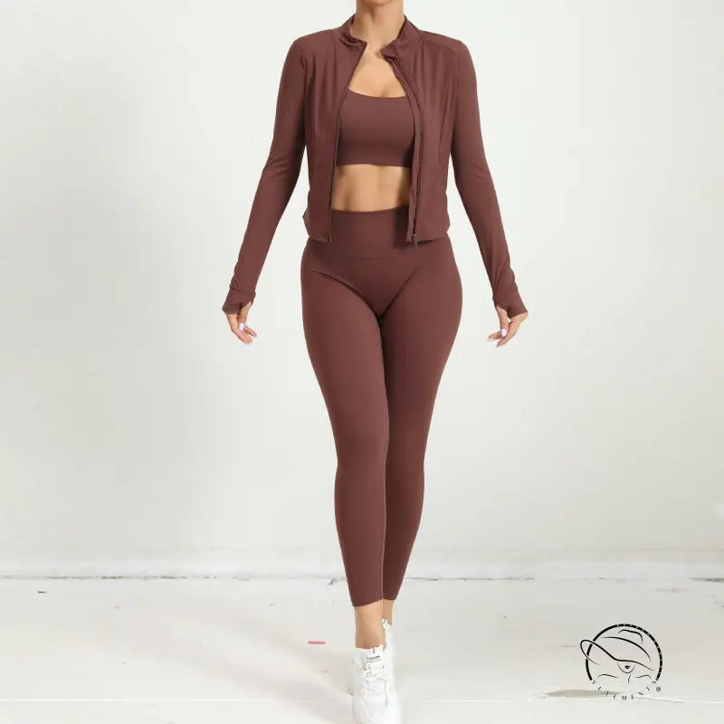 Brown three-piece yoga clothes suit with high-waist leggings and zip-up jacket