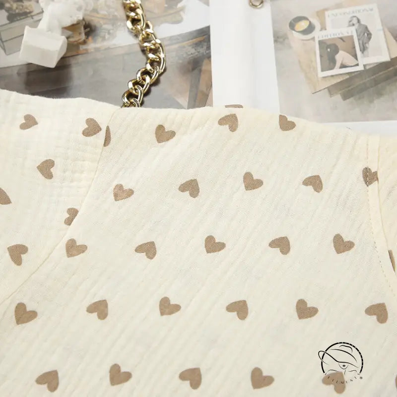 Light cotton linen fabric with brown heart pattern on summer slit shorts set