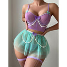 Purple and mint green underwear lace tube top and short skirt three piece set with pearls