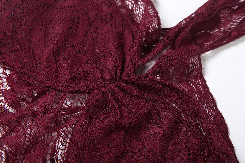 Elegant langry fashion burgundy lace blouse with bow neckline in slim fit tube top dress