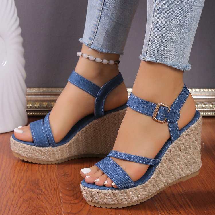 One Strap Wedge Sandals Women Platform Cloth High Heel Straw
