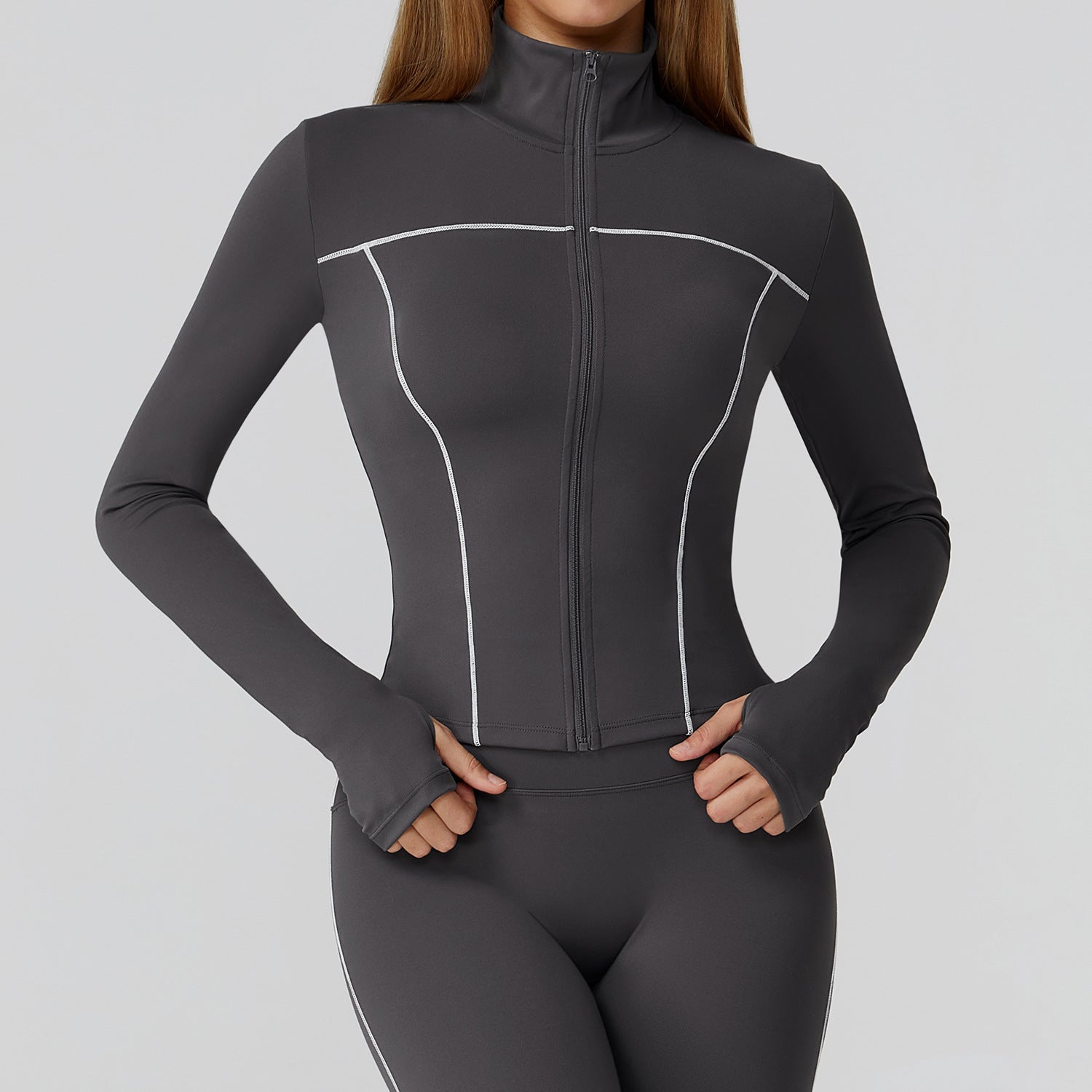 Langry charcoal gray full-body wetsuit with white stitching, zipper detail, fashion ملابس