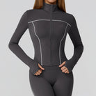 Langry charcoal gray full-body wetsuit with white stitching, zipper detail, fashion ملابس