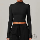 Black quick drying fitness crop top with mock neckline