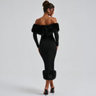 Elegant langry black off-shoulder evening dress with fur trim