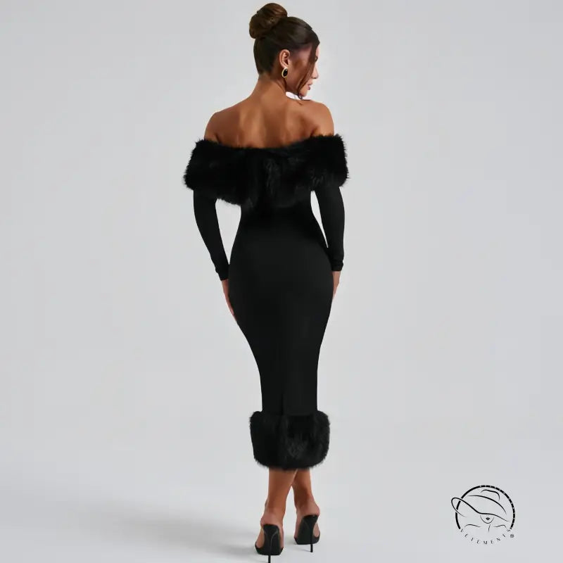 Enchanting fur slim fit black off-shoulder evening dress with fur trim