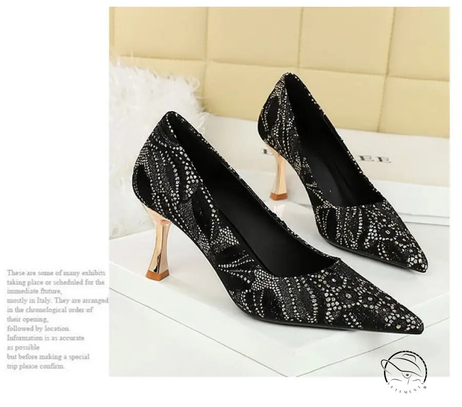 Langry fashion black mid heel shoes with silver rhinestone pointed toe