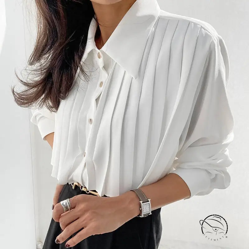 French elegant chiffon white niche pleated shirt with wide collar