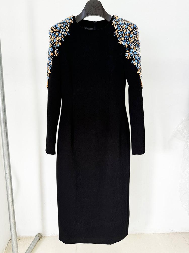 Autumn Winter Star Heavy Industry Beads Diamond Embedded Long Sleeve Mid Length Dress