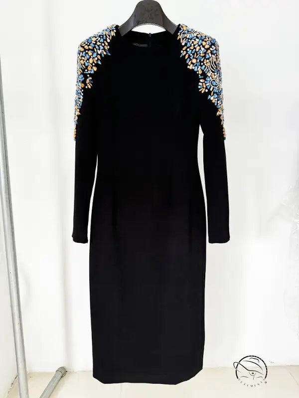 Autumn Winter Star Heavy Industry Beads Diamond Embedded Long Sleeve Mid Length Dress