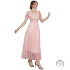 French Slimming Maxi Dress in soft pink lace with floral embroidery and sheer puff sleeves