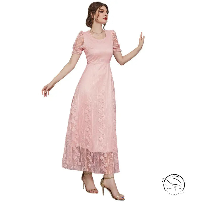 French Slimming Maxi Dress in soft pink lace with floral embroidery and sheer puff sleeves