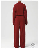 Red langry woolen jumpsuit with wide-leg fashion design and high neck