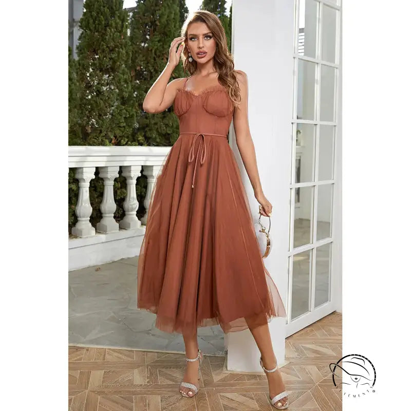 Elegant sleeveless brown midi sling dress in lavender purple