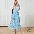 Elegant high waist V-neck langry fashion dress in light blue floral maxi style